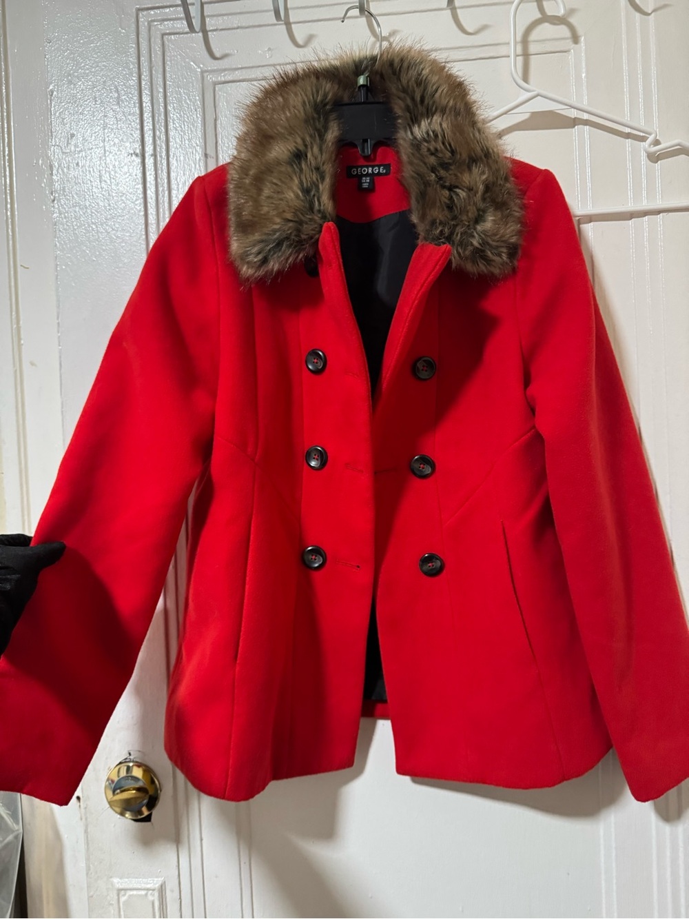 George Red Double-Breasted Pea Coat with Faux Fur Trim